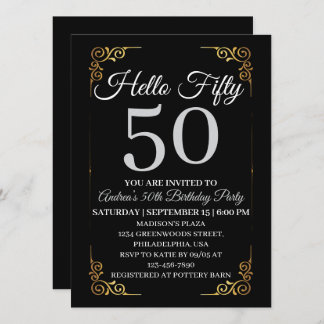 Invitation Elegant Black and Gold Hello 50th For Women 