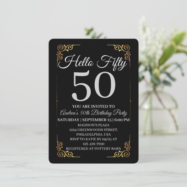 Invitation Elegant Black and Gold Hello 50th For Women  (Debout devant)
