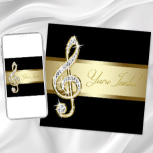 Invitation Elégant Black and Gold Music Treble Clef