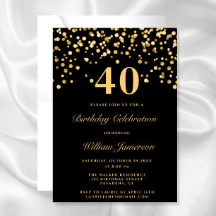 Invitation Elégant Black and Gold Quarante-dixième anniversai