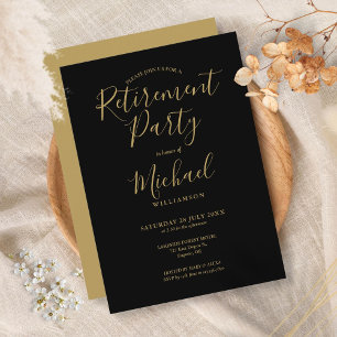 Invitation Elegant Black And Gold Script Retirement Party