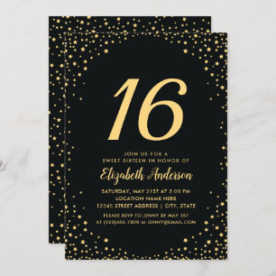 Invitation Elégant Black and Gold Stars Sweet 16 Anniversaire