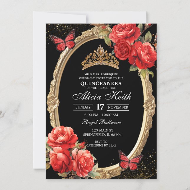 Invitation Elegant Black and Red Roses Gold Quinceanera (Devant)