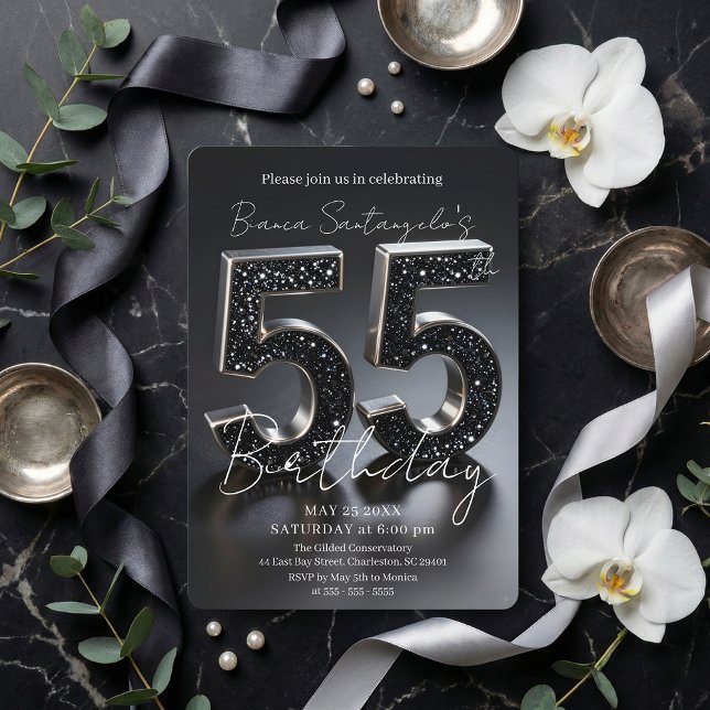 Invitation Elegant Black And Silver Glitter 55th Birthday (Créateur téléchargé)