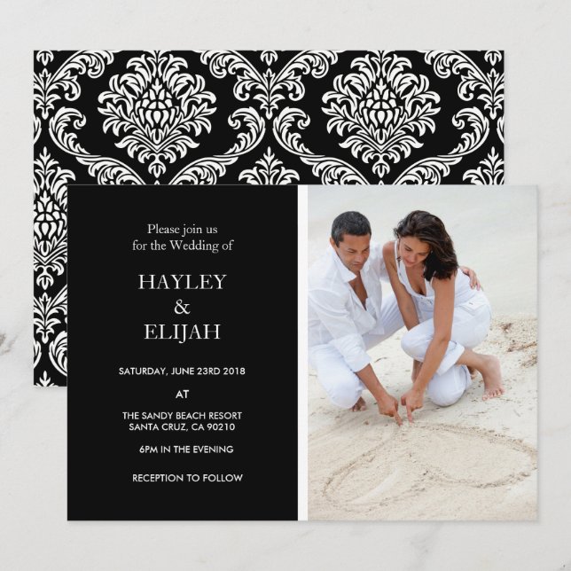 Invitation Elegant Black and White Mariage damassé (Devant / Derrière)