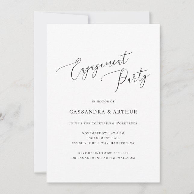 Invitation Élégant Black and White Simple Engagement Party (Devant)