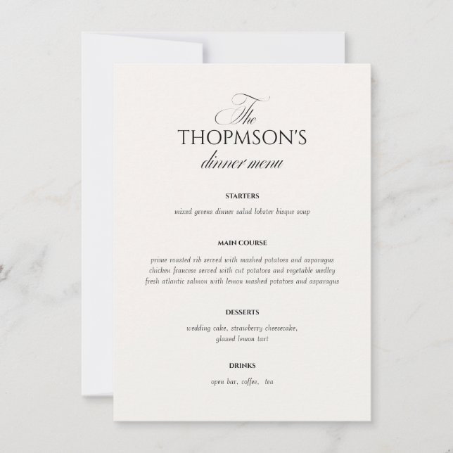 Invitation Elegant Black and White Wedding Menu Card (Devant)