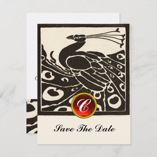 INVITATION ÉLÉGANT BLACK BLACK PEACOCK, ROUGE RUBY GEM MONOGR (Devant / Derrière)