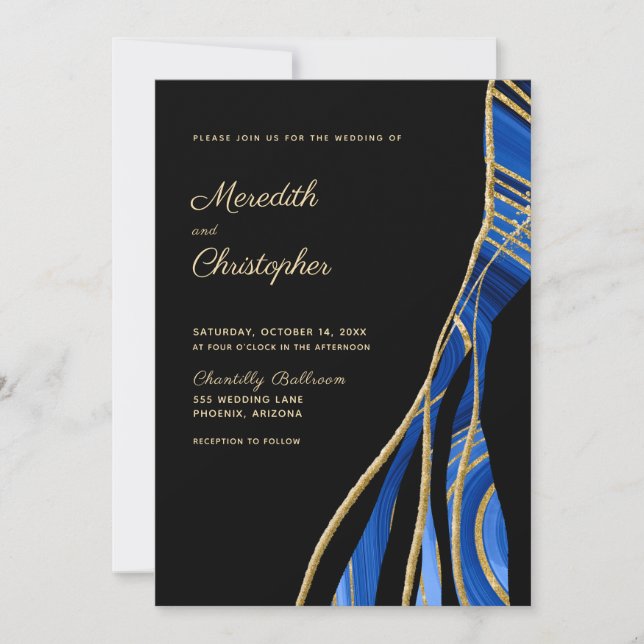 Invitation Élégant Black Blue Gold Agate Mariage (Devant)