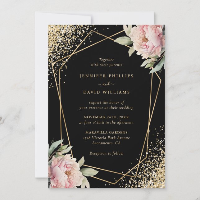 Invitation Elegant Black Blush Pink Peony Geo Gold Wedding (Devant)