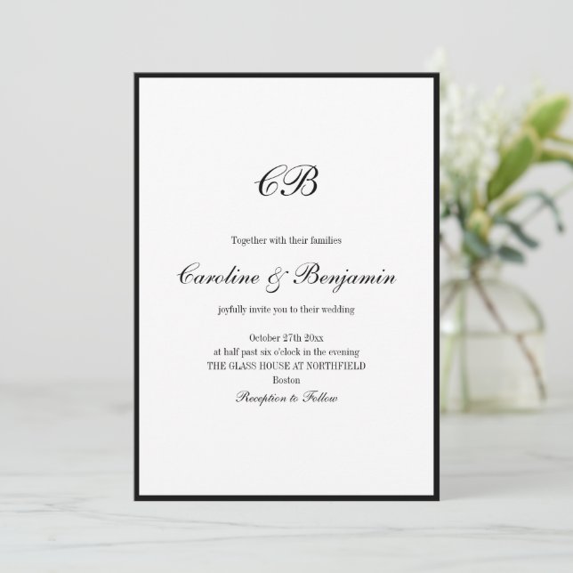 Invitation Elegant Black Border White Script Monogram Wedding (Debout devant)