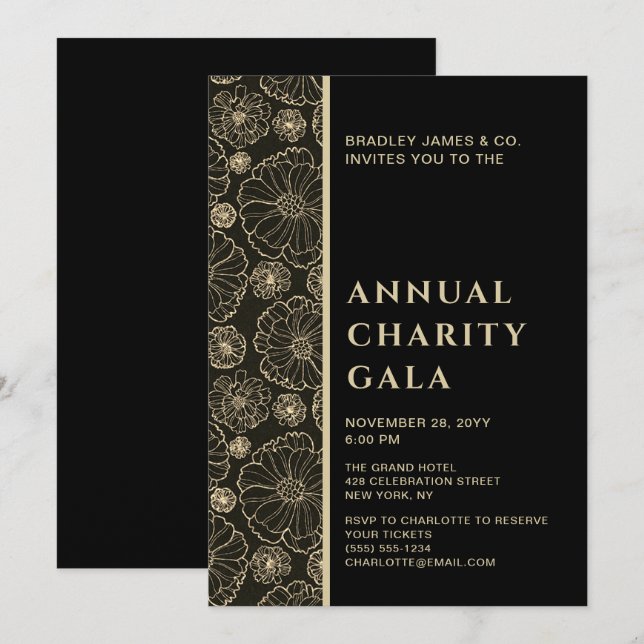 Invitation Élégant Black Botanical Charity Event Gala Party (Devant / Derrière)