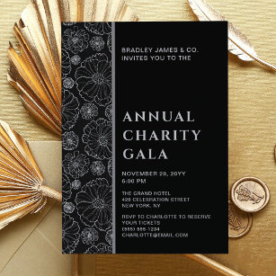 Invitation Élégant Black Botanical Charity Event Gala Party