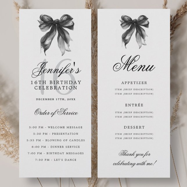 Invitation Elegant Black Bow 16th Birthday Party Program Menu (Elegant Black Bow 16th Birthday Party Program Menu)