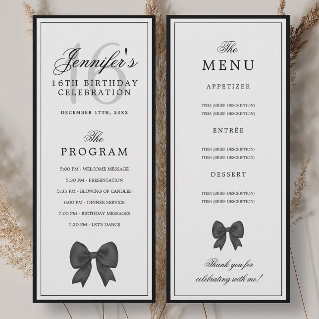 Invitation Elegant Black Bow 16th Birthday Program Menu  (Elegant Black Bow 16th Birthday Program Menu )