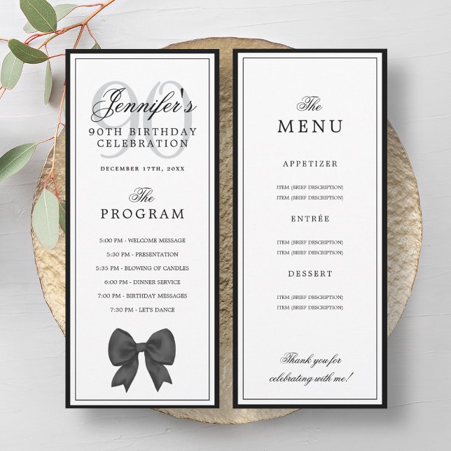 Invitation Elegant Black Bow 90th Birthday Program + Menu  (Elegant Black Bow 90th Birthday Program + Menu )