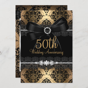Invitation Elégant Black Bow Damask Or 50e anniversaire 2