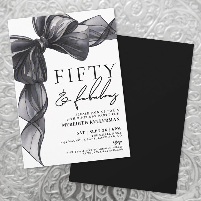 Invitation Elegant Black Bow Fifty & Fabulous 50th Birthday (Elegant Black Bow Fifty & Fabulous 50th Birthday Invitation)