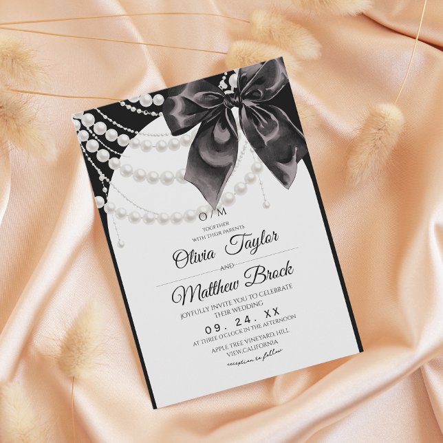 Invitation Elegant Black Bow Pearls Wedding (Créateur téléchargé)