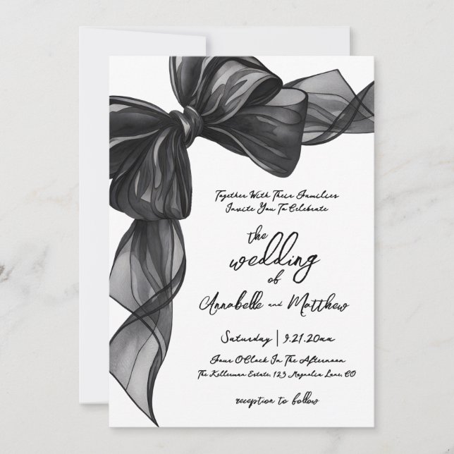 Invitation Elegant Black Bow Whimsical Wedding (Devant)