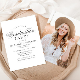Invitation Elégant Black Calligraphy Photo Graduation Party