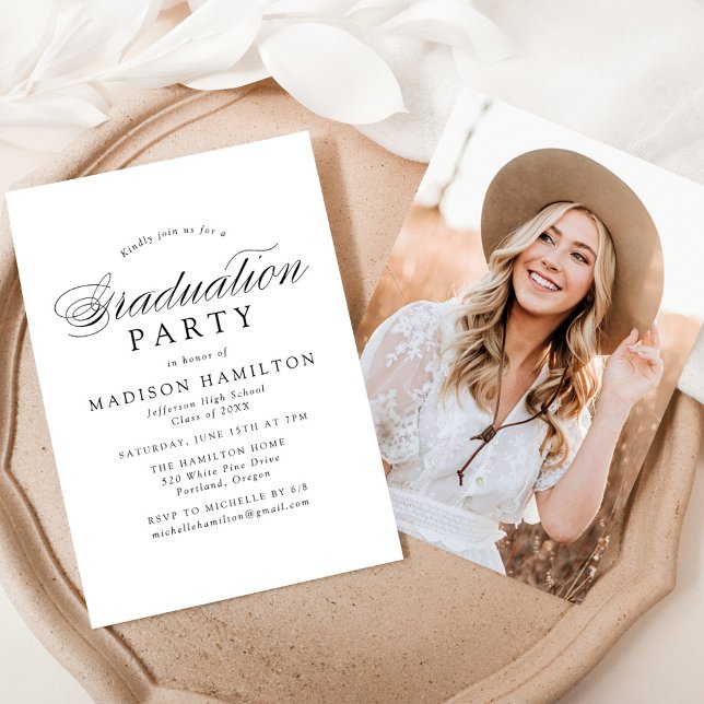 Invitation Elégant Black Calligraphy Photo Graduation Party (Créateur téléchargé)