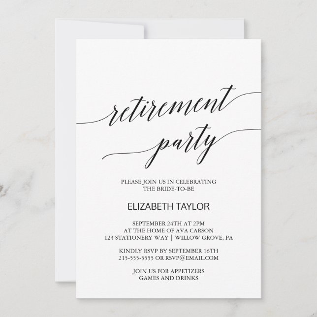 Invitation Élégant Black Calligraphy Retraite Party (Devant)