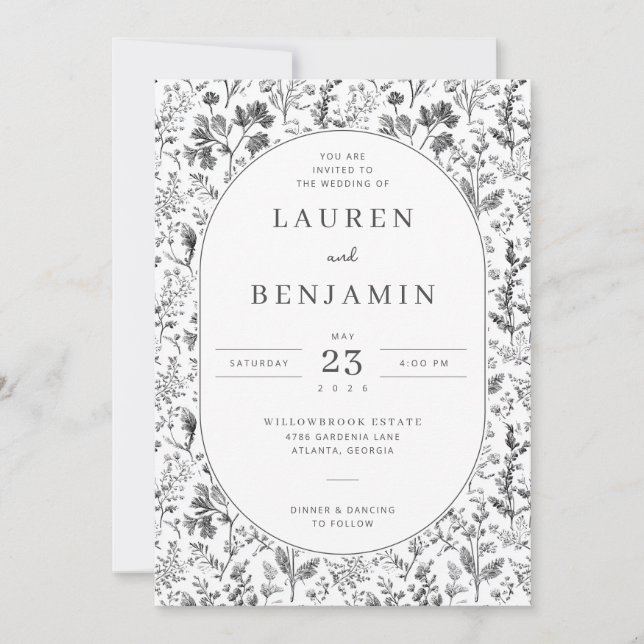 Invitation Elegant Black Floral Botanical (Devant)