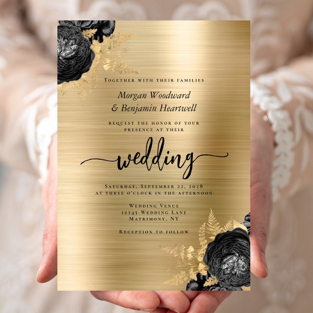 Invitation Elegant Black Floral Gold Brushed Metal Wedding (Créateur téléchargé)