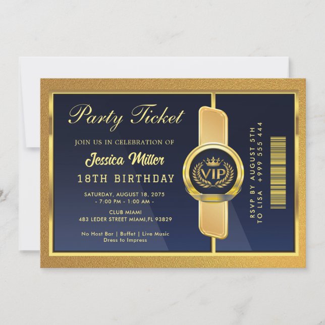 Invitation Elegant Black & Gold 18th Birthday Ticket Invite (Devant)