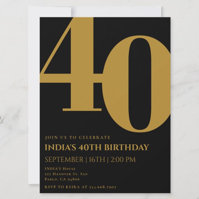 Invitation Elegant Black & Gold 40th Birthday Party (Devant)