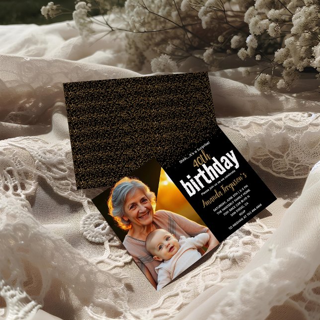 Invitation Elégant Black & Gold 40th Birthday Party photo (Créateur téléchargé)