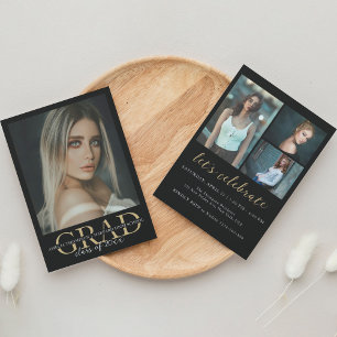 Invitation Elegant Black Gold 4 Photo Graduation Party