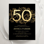 Invitation Elégant Black Gold 50e anniversaire<br><div class="desc">Elégante invitation à la fête du 50e anniversaire en or noir. Design féminin moderne et personnalisable avec des accents botaniques rose et de l'or de parties scintillant faux. Carte invitation florale simple parfaite pour une célébration anniversaire élégante. Personnalisez avec vos propres détails. Invitations Zazzle imprimées ou téléchargement instantané modèle imprimable...</div>