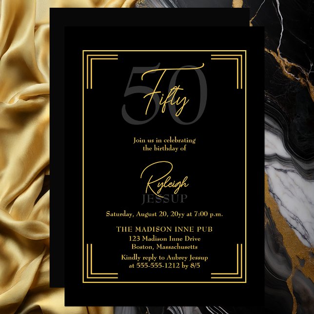 Invitation Elegant Black Gold 50th Birthday Art Deco Party (Elegant black and gold 50th birthday invitation with refined Art Deco frame)