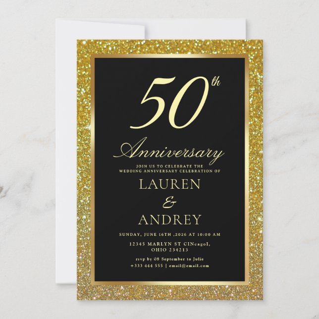 Invitation Elegant Black Gold 50th Wedding Anniversary (Devant)