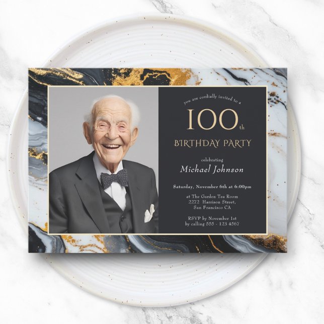 Invitation Elégant Black Gold Agate Photo 100e anniversaire (Elegant Black Gold Agate Photo 100th Birthday Invitation)