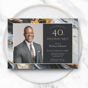 Invitation Elégant Black Gold Agate Photo 40e anniversaire
