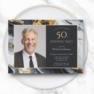 Invitation Elégant Black Gold Agate Photo 50e anniversaire