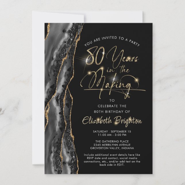 Invitation Élégant Black Gold Agate Script 80e anniversaire (Devant)