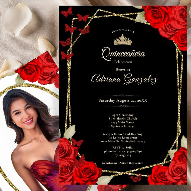 Invitation Elegant Black Gold and Red Roses Quinceanera  (Créateur téléchargé)