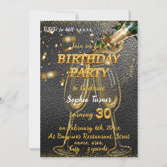 Invitation Elégant Black & Gold avec Champagne 30e anniversai (Devant)