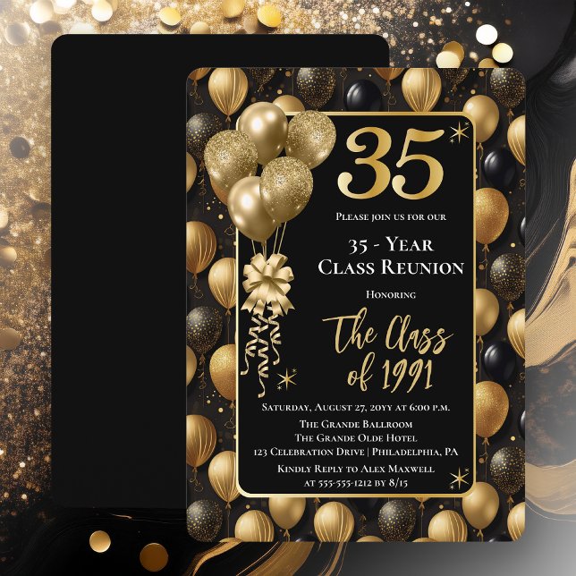 Invitation Elegant Black Gold Balloons 35 Year Class Reunion (Elegant 35 Year Black and Gold Tone Faux Glitter Balloons Class Reunion Invitations -Print | Digital)