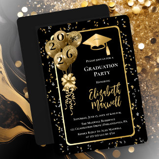 Invitation Elegant Black Gold Balloons Graduation Party