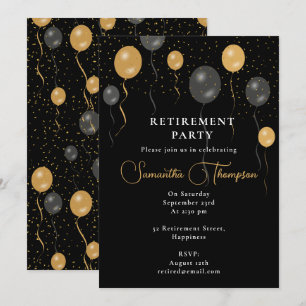 Invitation Élégant Black & Gold Balloons Parti de retraite