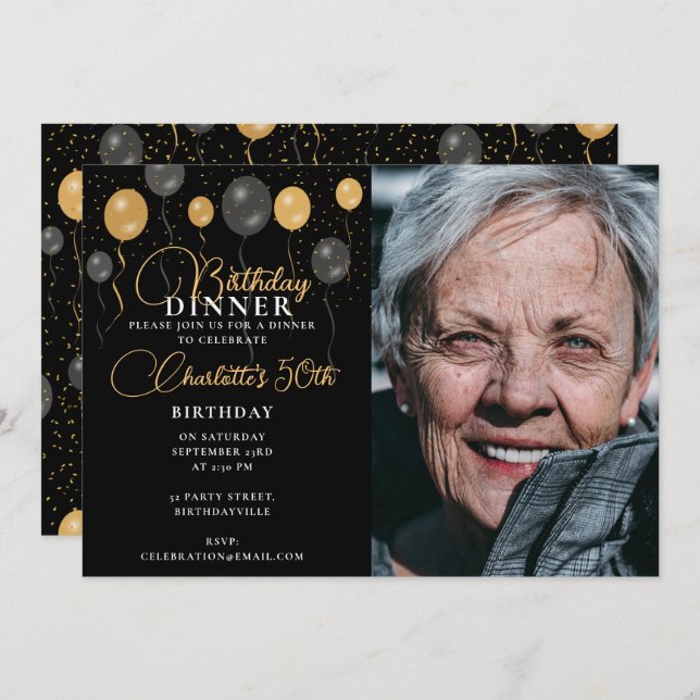 Invitation Elégant Black & Gold Balloons Photo Anniversaire (Devant / Derrière)