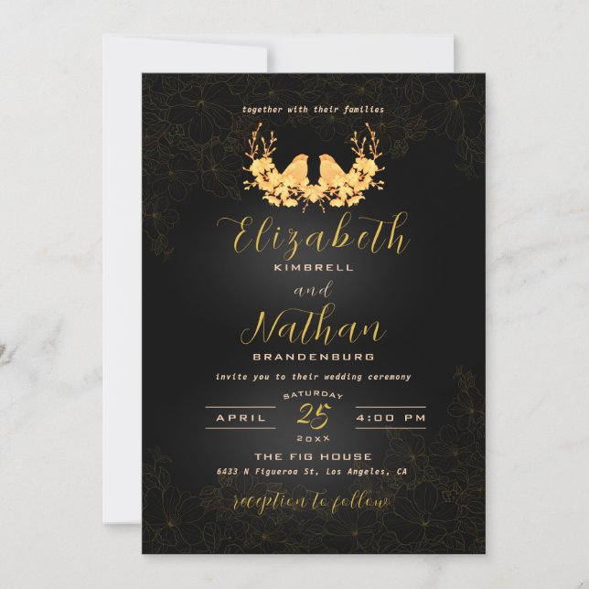 Invitation Elégant Black & Gold Birds Floral Mariage (Devant)