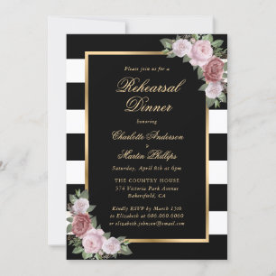 Invitation Élégant Black Gold Blush Floral Dîner de répétitio