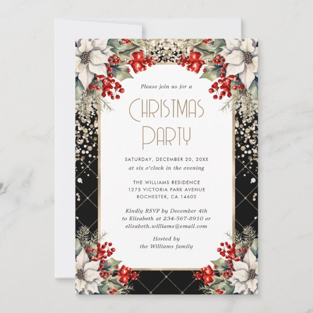 Invitation Elegant Black Gold Botanical Christmas Party (Devant)