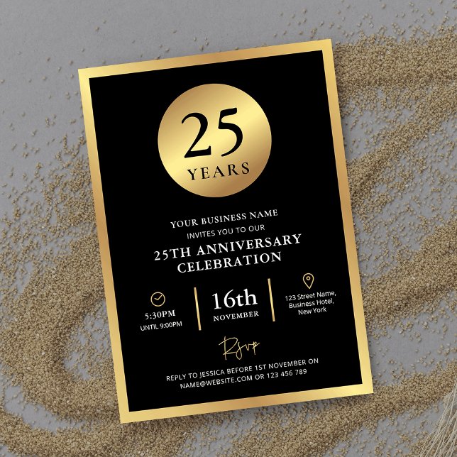 Invitation Élégant Black & Gold Business Anniversaire (Elegant black and gold Business Birthday Invitation with fully editable text, perfect for your party)